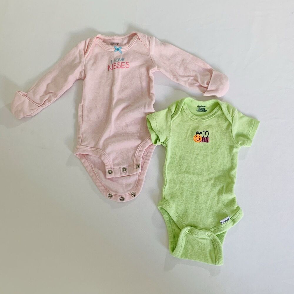Bodysuits Set of 2 Baby Girl Newborn NB‎ Pink Green Bee Foldover Casual Cotton